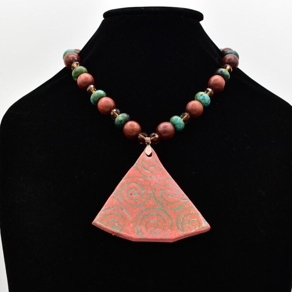 Vintage Handcrafted Necklace Clay BTeal Crystal Wooden Beaded Stone Heavy BinA17